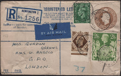 143481 1943 5½d BISTRE REGISTERED AIRMAIL KENSINGTON, LONDON TO 'H.M.S. ST ANGELO'  WITH 2/6 YELLOW-GREEN 'SG476b) ALSO ½d AND 1s.