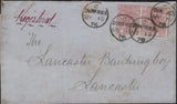 143482 1876 REGISTERED MAIL DUMFRIES, SCOTLAND TO LANCASTER PAIR 2½d ROSY-MAUVE (SG141) PL.3 CANCELLED ONLY 'DUMFRIES' DATE STAMPS.