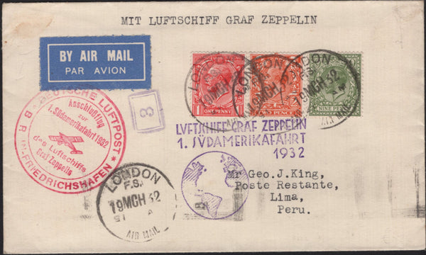 143486 1932 AIRMAIL LONDON TO LIMA, PERU VIA GRAF ZEPPELIN WITH KGV 1d, 2d, AND 9d.