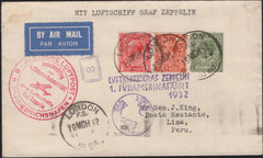 143486 1932 AIRMAIL LONDON TO LIMA, PERU VIA GRAF ZEPPELIN WITH KGV 1d, 2d, AND 9d.