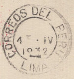 143486 1932 AIRMAIL LONDON TO LIMA, PERU VIA GRAF ZEPPELIN WITH KGV 1d, 2d, AND 9d.