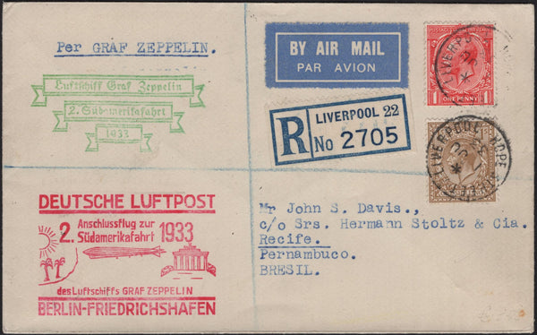 143491 1933 REGISTERED AIRMAIL LIVERPOOL TO PERNANBUCO, BRAZIL VIA GRAF ZEPPELIN  WITH KGV 1d AND 1s.