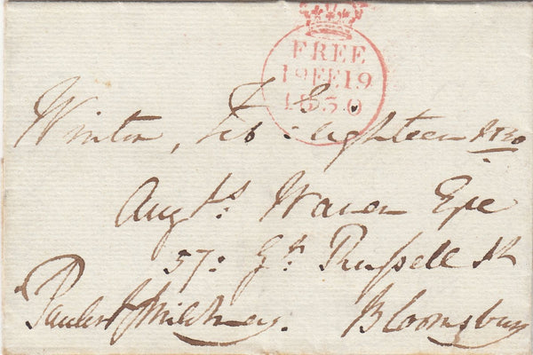 143495 1830 FREE MAIL, WINTON, HANTS TO BLOOMSBURY WITH FINE 'CROWN/FREE' DATE STAMP.