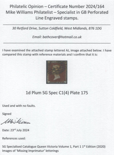143498 1854 DIE 1 1d PL.175 VERY RARE PLUM SHADE (SG17 SPEC C1 (4) FINE USED.