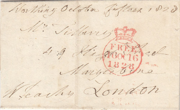 143502 1828 FREE MAIL WORTHING, SUSSEX TO LONDON WITH 'WORTHING/77' MILEAGE MARK (SX ???).