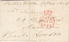143502 1828 FREE MAIL WORTHING, SUSSEX TO LONDON WITH 'WORTHING/77' MILEAGE MARK (SX ???).