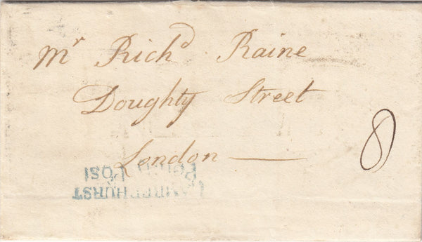143504 1824 MAIL BURWASH, SUSSEX TO LONDON WITH 'LAMBERHURST/Penny Post' HANDSTAMP IN BLUE AND BOXED  'NO.3' IN BLUE.