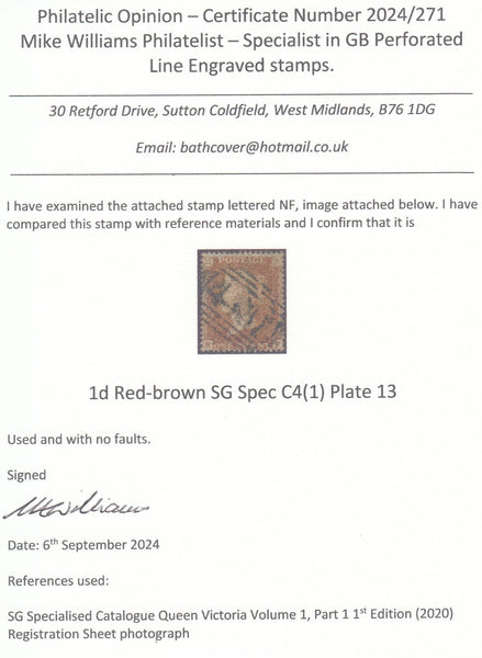 143506 1855 DIE 2 1d PL.13 S.C.16 (SG21)(NF), FINE USED.