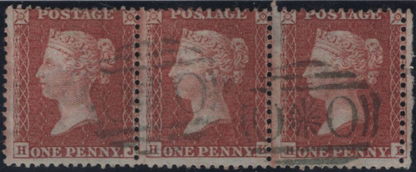 143509 1855 DIE 2 1d PL.13 (SPEC C6) GOOD TO FINE USED STRIP OF THREE WITH CRIMEAN WAR 'OXO' CANCELLATIONS.