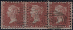 143509 1855 DIE 2 1d PL.13 (SPEC C6) GOOD TO FINE USED STRIP OF THREE WITH CRIMEAN WAR 'OXO' CANCELLATIONS.