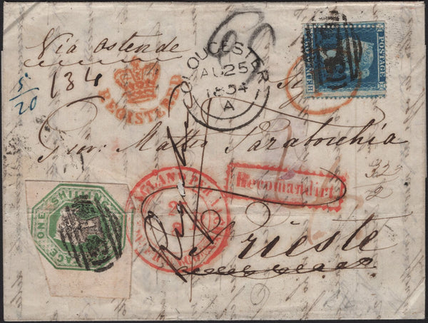 143517 1854 REGISTERED MAIL GLOUCESTER TO TRIESTE 2d BLUE PL.4 (TH MAJOR RE-ENTRY (SPEC F1g) AND 1s EMBOSSED (SG55)..