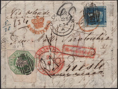 143517 1854 REGISTERED MAIL GLOUCESTER TO TRIESTE 2d BLUE PL.4 (TH MAJOR RE-ENTRY (SPEC F1g) AND 1s EMBOSSED (SG55)..