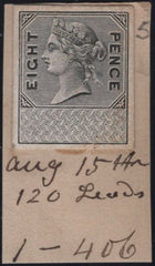 143545 CIRCA 1872 GB REVENUE UNAPPROPRIATED 8d DIE PROOF EX DE LA RUE STRIKING BOOK.