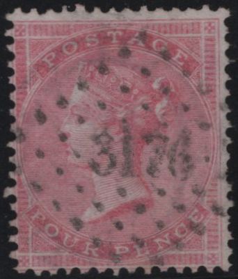 143547 1857 4d ROSE-CARMINE LARGE GARTER (SG66) ST. MALO CANCELLATION, GOOD USED.