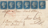 143552 1841 MAIL EDINBURGH TO NEW YORK STRIP OF SIX 1840 2d BLUE PL.1 (SG5).