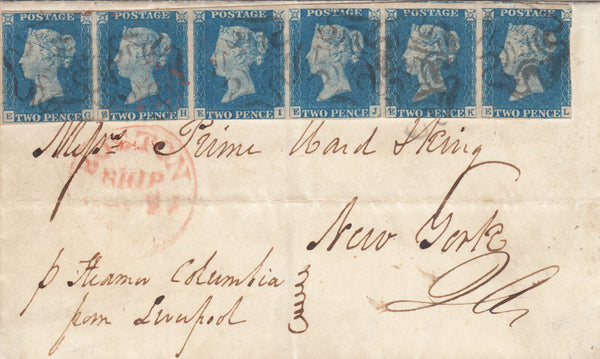 143552 1841 MAIL EDINBURGH TO NEW YORK STRIP OF SIX 1840 2d BLUE PL.1 (SG5).