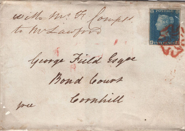 143554  1840 WRAPPER USED IN LONDON FINE TO VERY FINE 2d BLUE PL.1 (SG5)(JI).