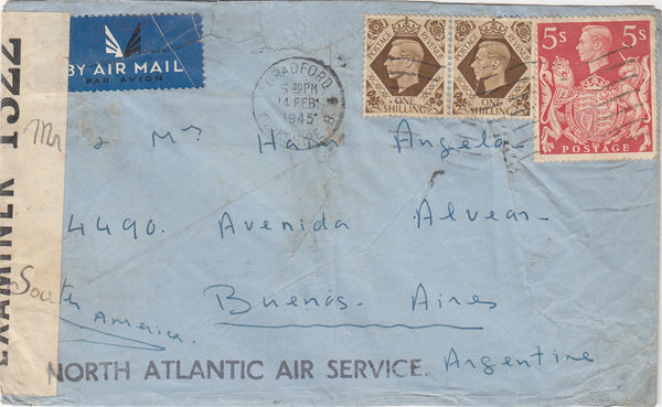 143555 1945 AIRMAIL BRADFORD, YORKSHIRE TO ARGENTINA KGVI 5s (SG477) AND 1s X 2.