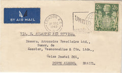 143556 1945 AIRMAIL LONDON TO PORTO ALEGRE KGVI 2/6 YELLOW-GREEN (SG476b).