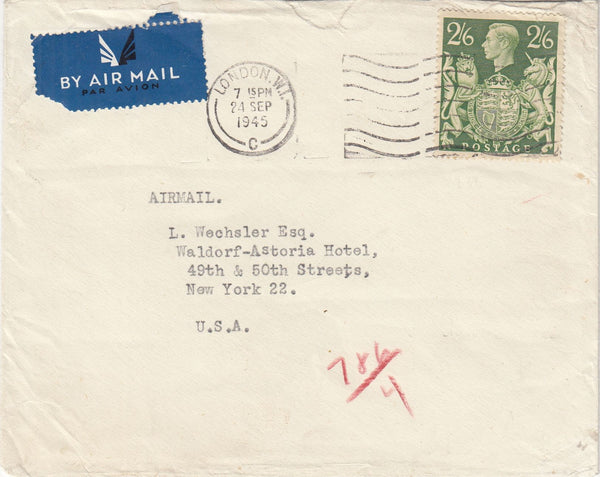 143557 1945 AIRMAIL LONDON TO NEW YORK, U.S.A. KGVI 2/6 YELLOW-GREEN (SG476b).