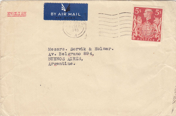 143558 1945 AIRMAIL LONDON TO BUENOS AIRES, ARGENTINE KGVI 5s RED (SG477).