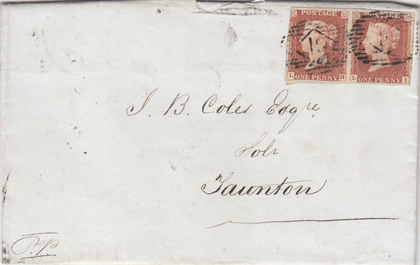 143560 1844 MAIL LONDON TO TAUNTON PAIR 1d PL.47 (SG8) GOOD USED.