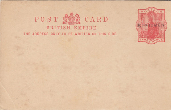 143574 1889 3d RED 'BRITISH EMPIRE' POSTCARD OVERPRINTED 'SPECIMEN'.