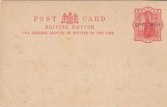 143574 1889 3d RED 'BRITISH EMPIRE' POSTCARD OVERPRINTED 'SPECIMEN'.