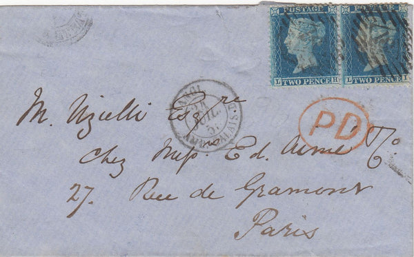 143575 1855 MAIL LONDON TO PARIS 2d BLUE PL.5 (SG34) X 2.