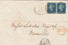 143576 1856 LARGE PART WRAPPER LIVERPOOL TO MARSEILLES 2d BLUE PL.5 (SG34) 'LIVERPOOL/466' SPOON (RA 68).