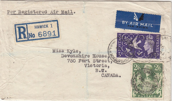 143577 1946 REGISTERED AIRMAIL HAWICK TO VICTORIA, CANADA KGVI 2/6 YELLOW-GREEN (SG476b) AND 3d PEACE (SG492).