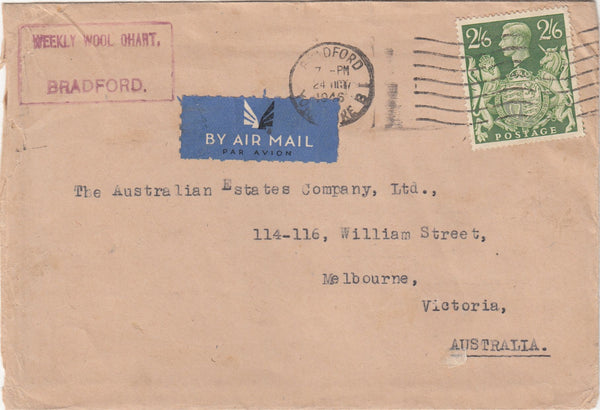 143578 1946 AIRMAIL BRADFORD, YORKSHIRE TO VICTORIA, AUSTRALIA KGVI 2/6 YELLOW-GREEN (SG476b).