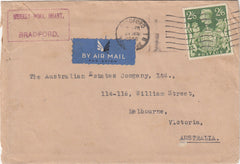 143578 1946 AIRMAIL BRADFORD, YORKSHIRE TO VICTORIA, AUSTRALIA KGVI 2/6 YELLOW-GREEN (SG476b).