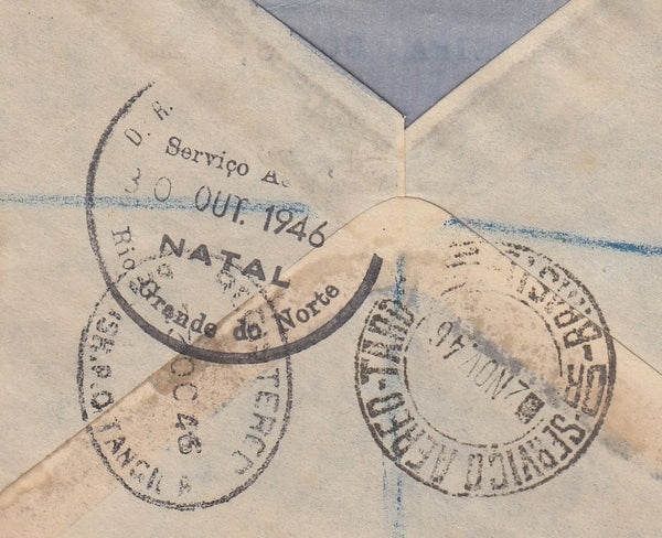 143580 1946 REGISTERED AIRMAIL TANGIER (BRITISH P.O.) TO BRAZIL WITH KGVI 2/6 YELLOW-GREEN (SG476b), ALSO 9d AND 1s, 'OAT' HANDSTAMP.