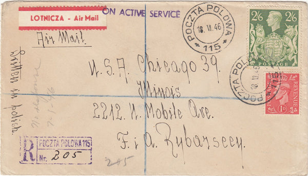 143581 1946 REGISTERED AIRMAIL POLISH FIELD POST OFFICE TO ILLINOIS, U.S.A. KGVI 2/6 YELLOW-GREEN (SG476b) ALSO 1d.
