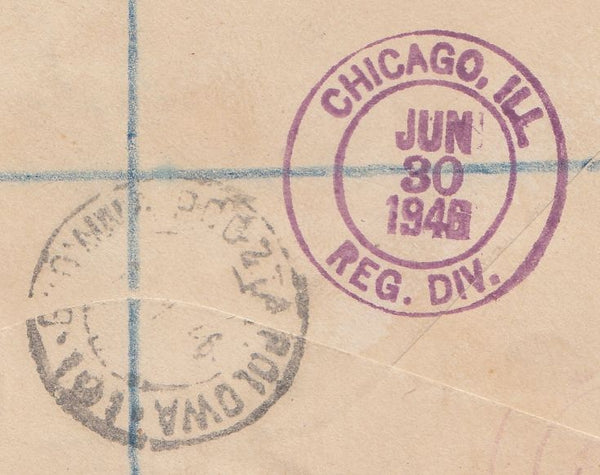143581 1946 REGISTERED AIRMAIL POLISH FIELD POST OFFICE TO ILLINOIS, U.S.A. KGVI 2/6 YELLOW-GREEN (SG476b) ALSO 1d.