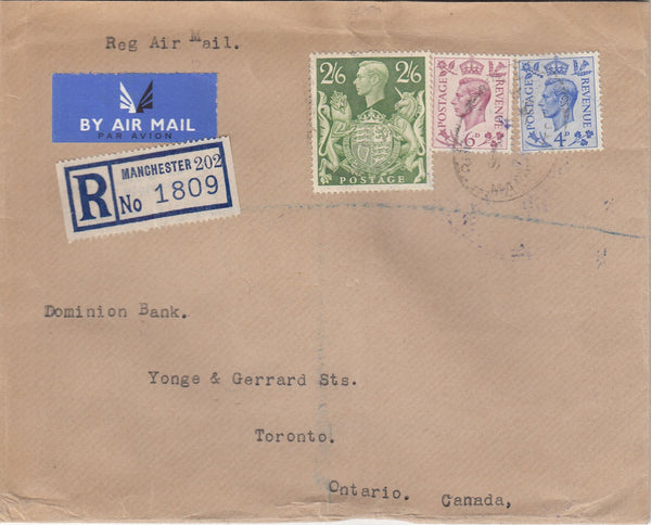143583 1951 REGISTERED AIRMAIL MANCHESTER TO ONTARIO, CANADA KGVI 2/6 YELLOW-GREEN (SG476b), 4d ULTRAMARINE AND 6d PURPLE.