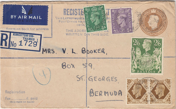 143584 1947 REGISTERED AIRMAIL KINGSTON ON THAMES, SURREY TO BERMUDA KGVI ½d, 3d, 1s X 2 and 2/6 YELLOW-GREEN (SG476b).