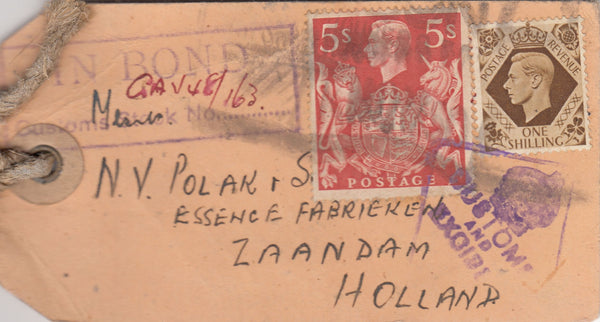 143585 CIRCA 1947 PARCEL TAG LONDON TO ZAANDAM, HOLLAND KGVI 1s AND 5s RED (SG477).