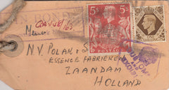 143585 CIRCA 1947 PARCEL TAG LONDON TO ZAANDAM, HOLLAND KGVI 1s AND 5s RED (SG477).