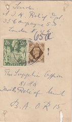 143587 1948 POSTCARD USED AS A PARCEL TAG LONDON TO BRITISH ARMY ON RHINE KGVI 1s AND 2/6 YELLOW-GREEN (SG476b).