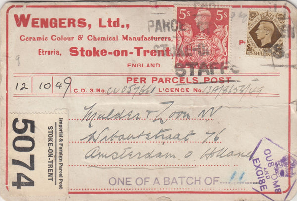 143588 1949 PARCEL POST TAG STOKE ON TRENT TO AMSTERDAM, HOLLAND KGVI 1s AND FINE 5s  RED (SG477).