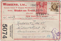 143588 1949 PARCEL POST TAG STOKE ON TRENT TO AMSTERDAM, HOLLAND KGVI 1s AND FINE 5s  RED (SG477).