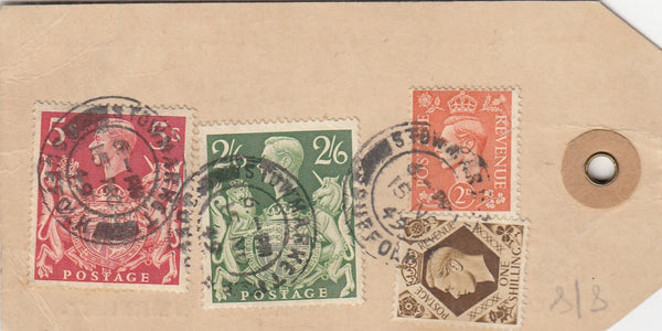 143589 1949 PARCEL TAG AIRMAIL STOWMARKET, SUFFOLK TO U.S.A. KGVI 2d, 1s,  2/6 YELLOW-GREEN (SG476b) AND 5s RED (SG477).