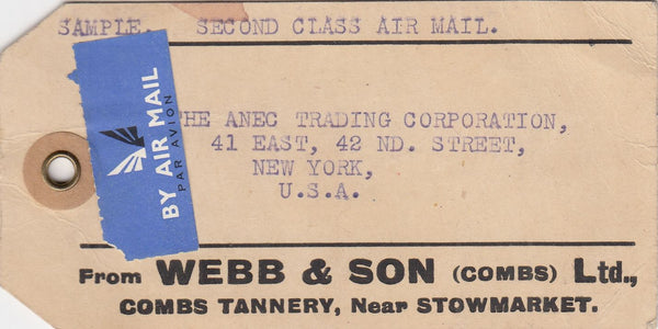 143589 1949 PARCEL TAG AIRMAIL STOWMARKET, SUFFOLK TO U.S.A. KGVI 2d, 1s,  2/6 YELLOW-GREEN (SG476b) AND 5s RED (SG477).
