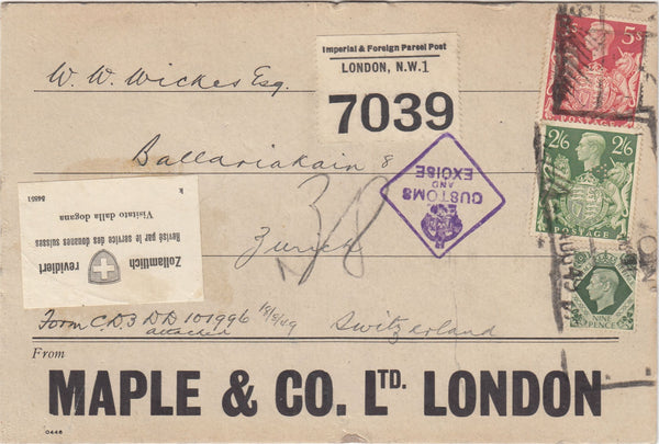 143590 1949 PARCEL LABEL LONDON TO ZURICH KGVI 9d, 2/6 YELLOW-GREEN (SG476b) 5s RED (SG477).