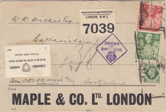 143590 1949 PARCEL LABEL LONDON TO ZURICH KGVI 9d, 2/6 YELLOW-GREEN (SG476b) 5s RED (SG477).