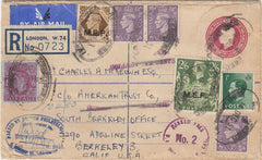 143591 1951 REGISTERED AIRMAIL LONDON TO CALIFORNIA, U.S.A. SELECTION OF STAMPS INCLUDING 2/6 YELLOW-GREEN (SG476b).