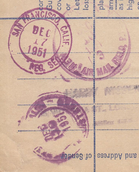 143591 1951 REGISTERED AIRMAIL LONDON TO CALIFORNIA, U.S.A. SELECTION OF STAMPS INCLUDING 2/6 YELLOW-GREEN (SG476b).