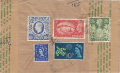 143592 CIRCA 1961 'HARMER OF LONDON' PART PARCEL WRAPPER WITH KGVI/QEII STAMPS INCL. 10s ULTRAMARINE (SG478b).